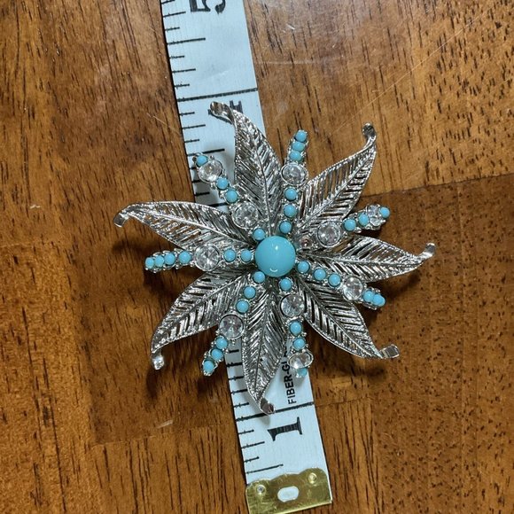 Weinman Brothers Silver Tone Faux Turquoise Stones Brooch 3 inch Rhinestones Vtg - Picture 2 of 5
